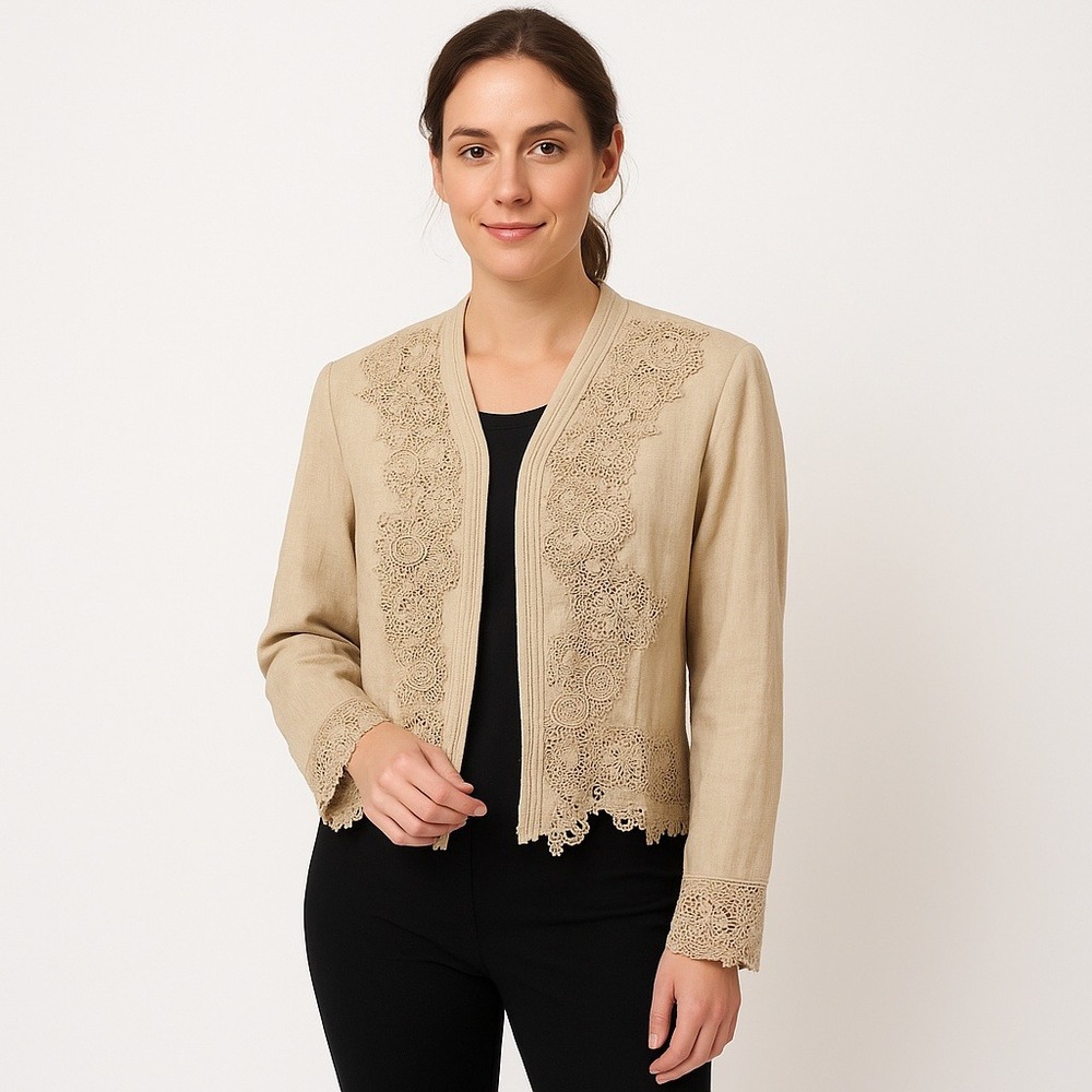 Coldwater Creek Jacket‎ Vintage Women Cream Linen Blend Applique Lace Blazer Med